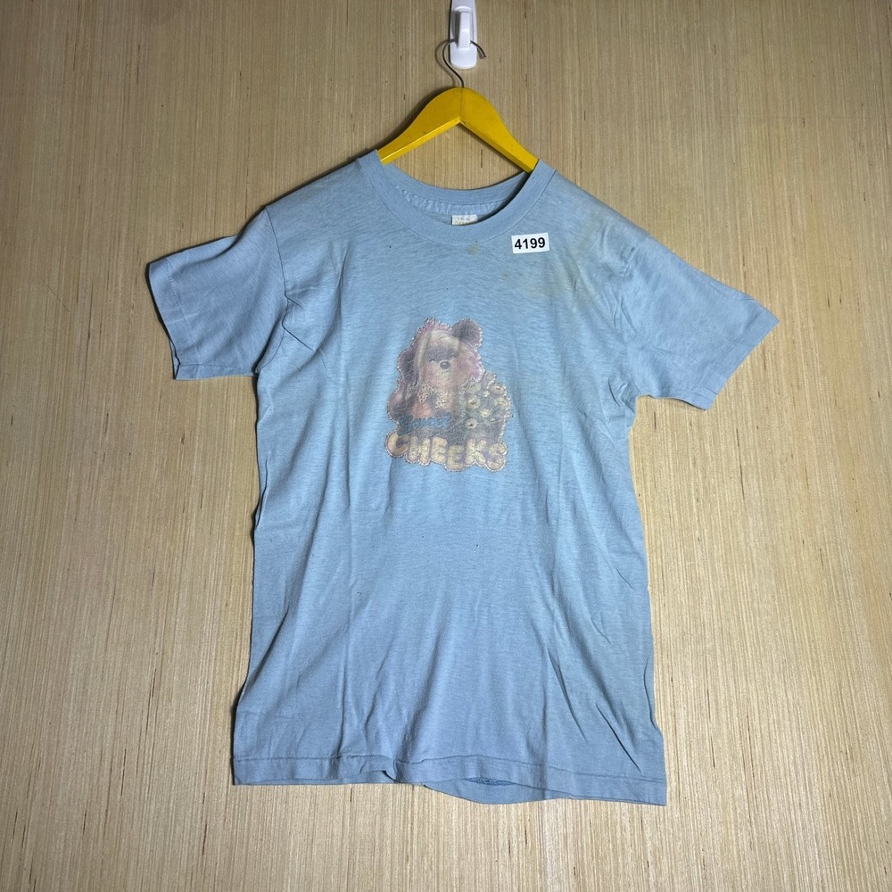 Vintage 70s Sweet Cheeks Shirt Men's Large Blue Short Sleeve Graphic 24X15